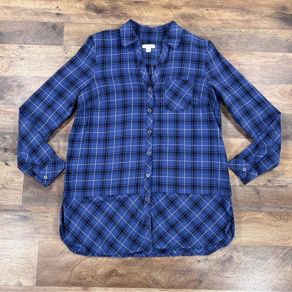 J Jill Womens Shirt XS Petite Blue Lightweight Plaid Flannel Button Up Top